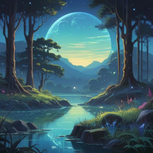 A serene illustration depicting a tranquil landscape, blue dots shimmering in the air, representing spiritual signs, soft glowing orbs illuminating the surrounding nature, lush green trees, a calm river reflecting the sky, an ethereal atmosphere, warm sunlight filtering through the leaves, symbols of hope and inspiration, 4k