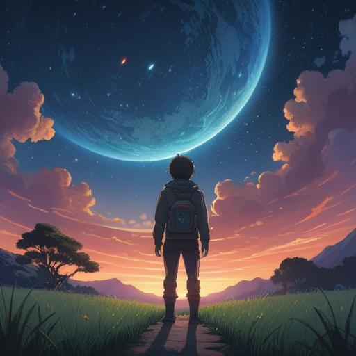 A serene and mystical scene depicting a person standing under a starlit sky, gazing at a glowing blue dot in the distance, surrounded by lush trees and gentle mist, ethereal atmosphere, soft light illuminating the surroundings, symbolic representation of intuition and alertness, capturing the essence of spiritual signs, dreamy and introspective mood, 4k