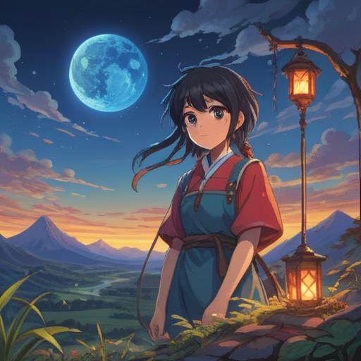 A captivating illustration of a blue dot shining brightly in the sky, surrounded by a serene landscape, featuring traditional lucky items such as a lucky cat, four-leaf clovers, and maneki-neko, emphasizing good fortune, vivid colors, enchanting atmosphere, intricate details, mystical elements, 4k