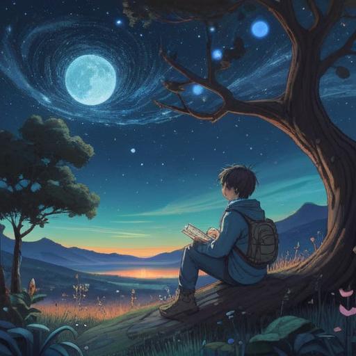 A serene illustration of a person contemplating under a starry night sky, surrounded by blue dots symbolizing messages, the figure holding a journal, deep in thought, soft glowing light emanating from the dots, a peaceful and introspective atmosphere, deep color contrasts, encouraging exploration of understanding, 4k