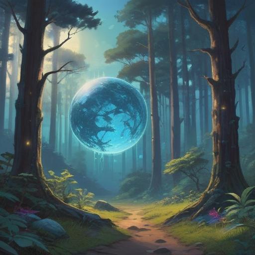 A mystical scene featuring a glowing blue orb in a serene forest, ethereal light illuminating the surrounding trees, enchanting atmosphere, soft mist enveloping the ground, a figure gazing in awe at the orb, spiritual symbols subtly integrated into the background, sense of wonder and connection to the universe, vibrant colors, inviting and calming energy, 4k