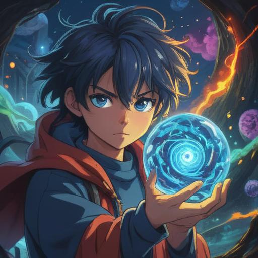 A mystical scene featuring a glowing blue orb, surrounded by swirling magical energy, a character gazing in awe, vibrant colors illuminating the surroundings, elements of luck appearing like four-leaf clovers and horseshoes, a serene forest backdrop, enchanting atmosphere, high-quality detail, 4k