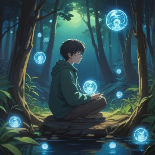 A serene scene depicting a person sitting calmly in nature, surrounded by glowing blue orbs of light, reflecting tranquility and peace, the person practicing mindfulness with closed eyes, soft breeze rustling leaves, a gentle stream in the background, ethereal and soothing atmosphere, warm sunlight filtering through trees, 4k