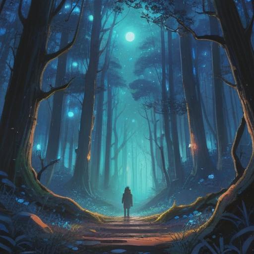 A mystical scene depicting a glowing blue light in a serene forest, ethereal ambiance, surrounded by ancient trees, shimmering particles in the air, a sense of tranquility and connection to the universe, spiritual symbolism, vibrant colors, harmony with nature, 4k