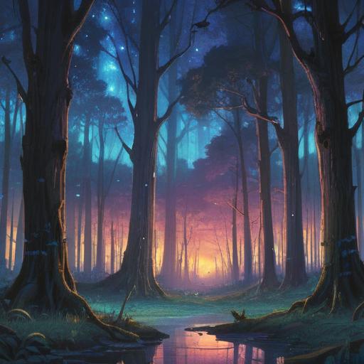 A mystical scene of a dark forest illuminated by a sudden burst of blue light, ethereal glow, a number floating in the air that represents a lucky number, surrounded by magical fireflies, trees with twisted branches, starry night sky, enchanting atmosphere, detailed foreground, high resolution