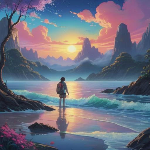 A serene dreamscape illuminated by a blue light, ethereal atmosphere, floating messages in the air, gentle waves of color blending, a tranquil figure reaching out to the light, surrounding clouds softly illuminated, feeling of wonder and exploration, captivating and otherworldly scene, 4k