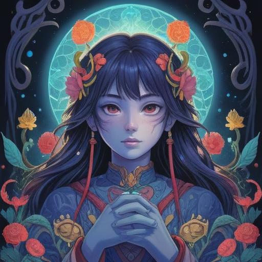 A serene and mystical illustration, featuring a person with a prominent blue mole on their skin, surrounded by ethereal symbols representing spirituality, soft, glowing light, a tranquil nature background with lush greenery and gentle flowing water, deep symbolism of intuition and wisdom, harmonious colors, peaceful aura, 4k