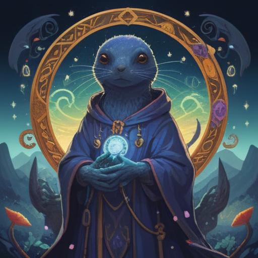 A mystical illustration of a blue mole on a person's skin, surrounded by glowing symbols, serene environment, spiritual significance represented by radiant light, harmonious colors, nature elements like flowers and trees in the background, emphasizing positive energy and good fortune, dreamlike atmosphere, 4k