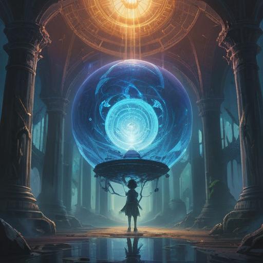 A mystical illustration of a glowing blue orb suspended in mid-air, surrounded by ethereal light and swirling energy, symbolizing spirituality and wisdom, intricate patterns forming around it, a serene landscape in the background with soft clouds and gentle hills, a calming color palette, mystical ambiance, vibrant magic, 4k