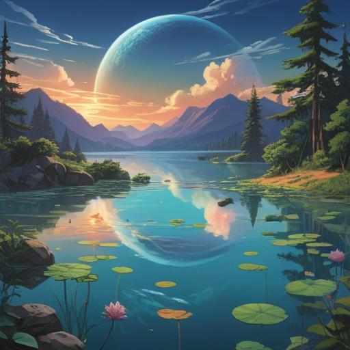 A serene landscape featuring a glowing blue orb floating above a tranquil lake, surrounded by lush greenery and mountains in the background, soft rays of light emanating from the orb, representing spiritual guidance and positivity, peaceful atmosphere, reflective water surface, ethereal glow, harmony with nature