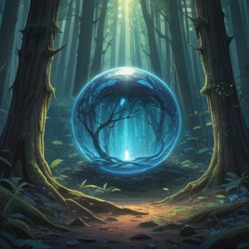 A mystical scene depicting a glowing blue orb hovering in a serene forest, subtle beams of light emanating from the orb, an aura of spirituality surrounding the atmosphere, enchanting wildlife observing the orb curiously, vibrant colors depicting tranquility and wonder, symbols of guidance and protection integrated into the setting, softly illuminated night sky, deep connection to nature and the spiritual realm, 4k