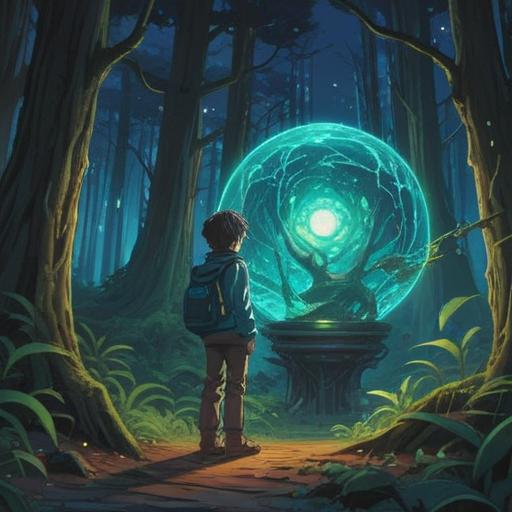 A person gazing at a glowing blue orb in a mystical forest, vibrant hues of blue and green surrounding them, enchantment in the air, a golden light illuminating the character's face, showcasing a sense of wonder and anticipation, whimsical creatures peeking from behind the trees, a feeling of magic and luck emanating from the orb, fantasy-inspired atmosphere, high detail, rich textures, captivating scene