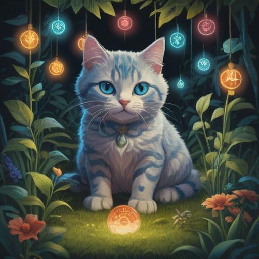 A blue-eyed cat sitting gracefully in a serene garden, surrounded by glowing orbs of light, ethereal atmosphere, mystical symbols in the background, soft rays of sunlight filtering through the leaves, a sense of tranquility and spirituality, capturing the essence of inner peace and connection to the universe, detailed fur texture, vibrant greenery, harmonious colors, 4k