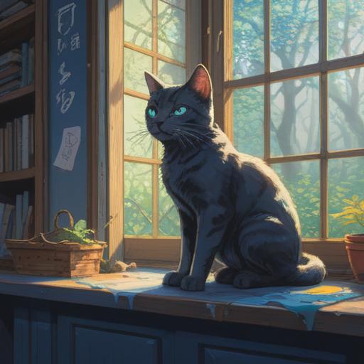 A blue-eyed cat entering a serene room, soft light filtering through the windows, mystical aura surrounding the cat, symbols of good fortune and spiritual energy in the air, calming nature elements like plants and crystals, gentle color palette, inviting atmosphere, detailed textures, 4k