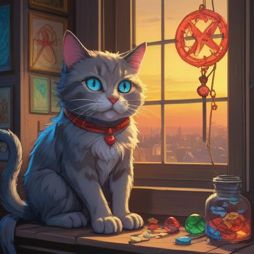 A blue-eyed cat sitting on a windowsill, surrounded by glowing lucky symbols, vibrant colors, serene atmosphere, mystical vibe, soft light illuminating the room, detailed expression on the cat's face, enchanting background, 4k
