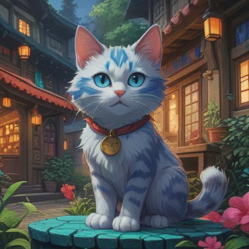 A blue-eyed cat teaching, steps to attract good fortune, whimsical setting, playful atmosphere, vibrant colors, charming illustrations, interactive elements, nature-inspired background, engaging character expressions, 4k