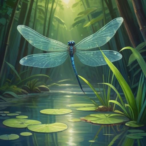 A serene scene featuring a blue dragonfly hovering over a tranquil pond, shimmering water reflecting sunlight, lush green vegetation surrounding the water, symbols of spirituality and transformation, gentle breeze creating ripples, ethereal atmosphere, calming energy, vibrant blue colors, 4k