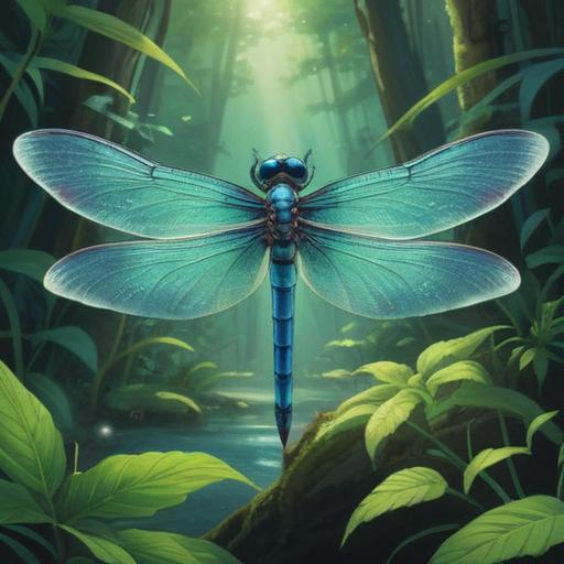 A serene natural scene featuring a blue dragonfly, symbolizing spiritual good signs, lush green foliage, sparkling sunlight filtering through trees, gentle ripples on a tranquil pond, vibrant and calming atmosphere, detailed textures of the dragonfly's wings, soft focus background, enchanting wildlife, 4k