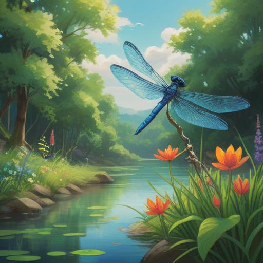 A serene landscape featuring a blue dragonfly hovering near a tranquil pond, sunlight filtering through lush green trees, vibrant wildflowers blooming beside the water, an aura of calmness and spirituality, reflections of the sky shimmering on the pond's surface, a sense of connection to nature and intuition, 4k