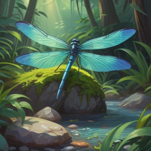 A serene landscape featuring a blue dragonfly resting on a smooth, polished lucky stone, vibrant colors, gentle sunlight filtering through lush greenery, soft reflections on the stone's surface, peaceful atmosphere, nature’s tranquility, intricate details of the dragonfly's wings, harmonious composition, 4k