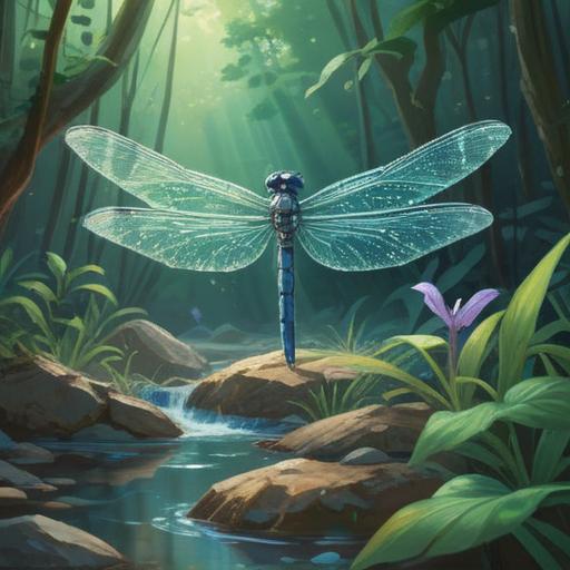 A serene nature scene featuring a blue dragonfly gracefully hovering above a sparkling lucky stone, vibrant greenery surrounding the area, soft sunlight filtering through the leaves, tranquil atmosphere, detailed textures, beautiful contrast between the blue dragonfly and the stone, enchanting and mystical vibe, 4k