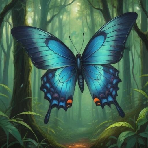 A mystical blue swallowtail butterfly, symbolizing transformation and spiritual awakening, gracefully fluttering amidst a lush green forest, surrounded by ethereal light, vibrant flowers, and gentle rays of sunlight filtering through the trees, a serene and enchanting atmosphere, capturing the essence of spirituality and nature, 4k
