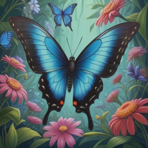 A serene illustration of a blue swallowtail butterfly, gracefully fluttering in a tranquil garden, surrounded by vibrant flowers and lush greenery, symbolizing spiritual good omens, soft sunlight filtering through the leaves, ethereal atmosphere, detailed textures, peaceful harmony, 4k