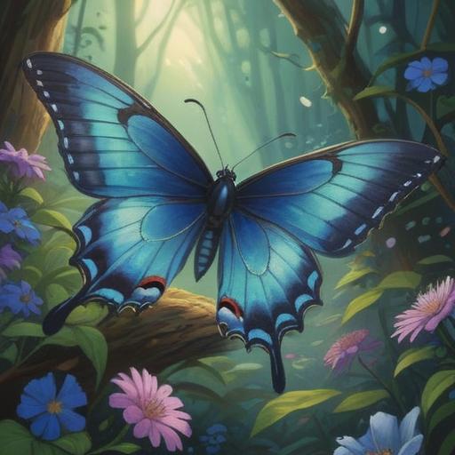 A serene scene depicting a beautiful blue swallowtail butterfly, mystical lighting, symbolic elements surrounding the butterfly, gentle breeze, vibrant nature, vibrant colors contrasting with a tranquil landscape, ethereal atmosphere, spiritual significance, representation of transformation and guidance, 4k