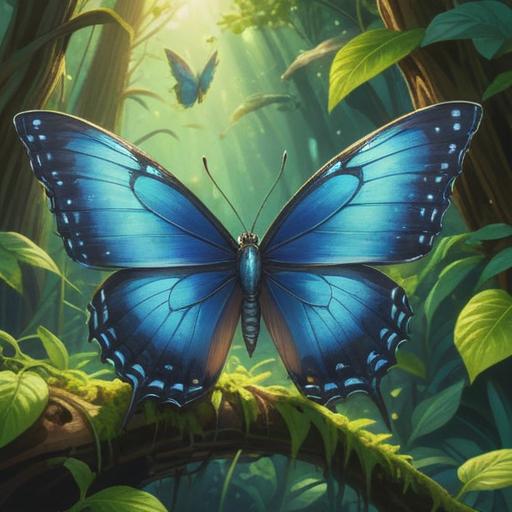A tranquil scene featuring a luminous blue butterfly landing on a hand, gentle sunlight filtering through lush green leaves, conveying a sense of wonder and discovery, lesson of patience and observation in nature, serene expression on the person's face, soft focus, vivid colors, 4k