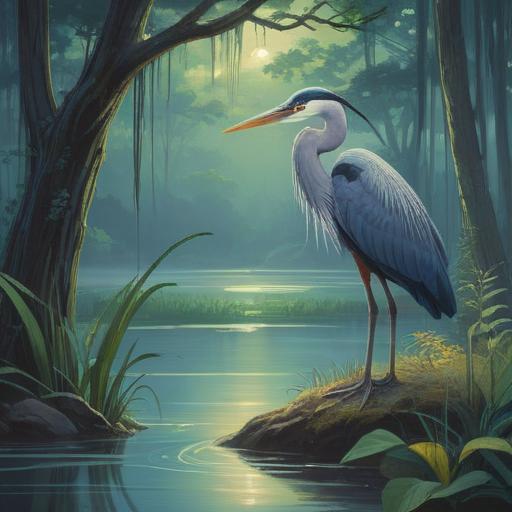 A serene and mystical scene featuring a graceful blue heron standing by a tranquil lake, surrounded by lush vegetation, soft mist rising from the water, a full moon illuminating the night sky, representing peace and spirituality, ethereal glow, calm reflection in the water, delicate details, harmonious colors, tranquility and wisdom, 4k