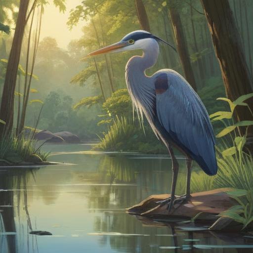 A serene scene of a blue heron standing gracefully by a calm lake, soft sunlight filtering through the trees, a feeling of tranquility and spirituality, the heron symbolizing hope and positive energy, reflection in the water, lush greenery surrounding the area, peaceful ambiance, 4k