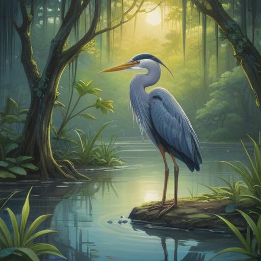 A serene landscape featuring a blue heron, symbolic of spiritual awakening, ethereal light shining down, lush greenery surrounding a tranquil pond, reflective water with gentle ripples, a calm atmosphere inviting contemplation, mystical aura emphasizing spirituality, vibrant colors capturing the essence of nature, 4k