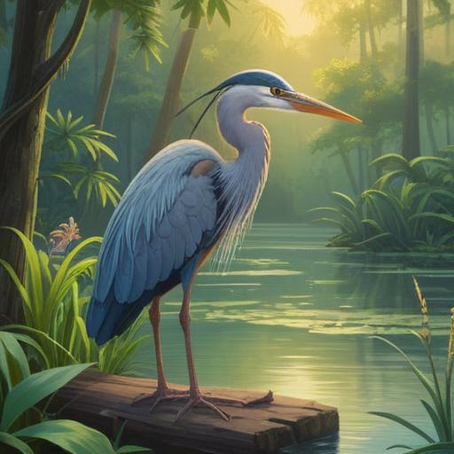 A serene scene of a blue heron standing majestically by a tranquil lake, sunlight reflecting off the water, surrounded by lush greenery, a gentle breeze rustling the leaves, a collection of lucky items nearby, such as a four-leaf clover, a lucky coin, and a small charm, harmonious composition, peaceful atmosphere, vibrant colors, high-resolution