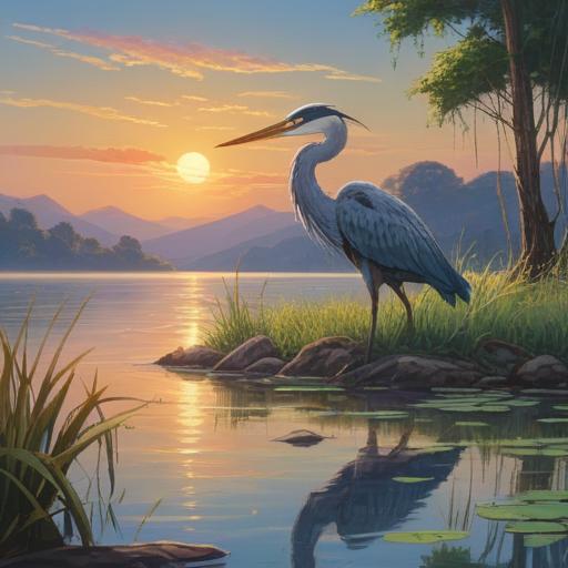 A serene scene depicting a person sitting by a tranquil lakeside, calm waters reflecting the blue sky, a heron standing gracefully nearby, the individual in a meditative pose, surrounded by lush greenery, soft sunlight filtering through the trees, symbolizing receptiveness and introspection, peaceful atmosphere, gentle movement of water, 4k