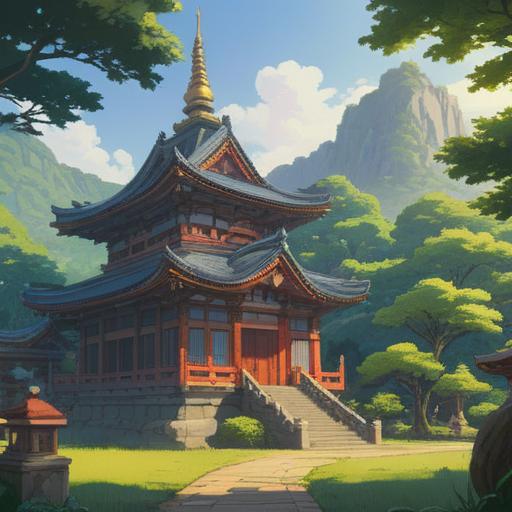 A serene landscape featuring Nishiarai Daishi Temple, lush greenery surrounding the temple grounds, the presence of gentle sunlight filtering through the trees, a peaceful atmosphere, people meditating and reflecting, intricate temple architecture, rich cultural history and spiritual significance, harmonious blend of nature and spirituality, 4k