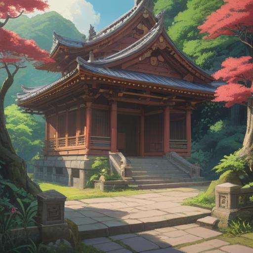A serene and tranquil scene depicting the Nishiarai Daishi temple, surrounded by lush greenery, gentle sunlight filtering through the trees, spiritual symbols and signs illustrated in the air, peaceful visitors meditating, harmonious atmosphere, cultural significance, traditional architecture, soft colors, inviting energy, 4k
