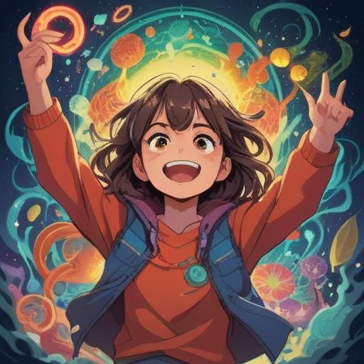 A vibrant scene depicting a loud person radiating positive energy, surrounded by colorful auras and spiritual symbols, uplifting atmosphere, joyful expressions of onlookers, harmonious interaction, bright sunlight filtering through trees, emphasizing connection and good vibes, 4k