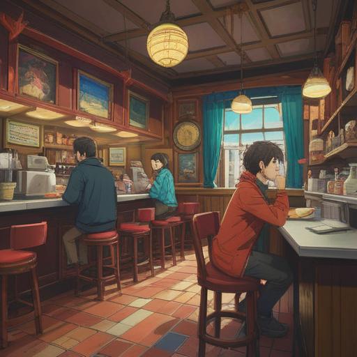 A vibrant illustration of a conversation between two people, one with a loud voice, depicted in a lively café setting, the other person looking contemplative, colorful speech bubbles representing their thoughts, dynamic expressions capturing the contrast in communication, warm lighting creating an engaging atmosphere, introspective elements symbolizing newfound perspectives, 4k