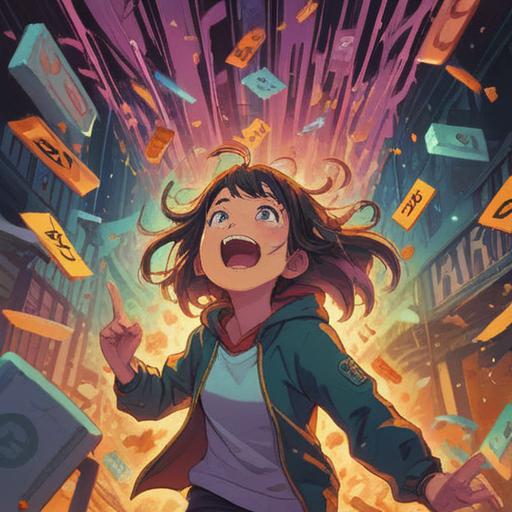 A vibrant and engaging illustration, bold colors, lively atmosphere, showcasing a person shouting joyfully while surrounded by falling lucky numbers, dynamic energy, whimsical background elements, playful character design, 4k