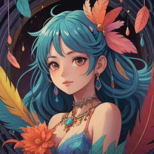 A whimsical illustration of a person wearing a sparkling charm necklace, vibrant colors, a cheerful expression, surrounded by lucky items like feathers and four-leaf clovers, soft sunlight filtering through trees, enchanting atmosphere, detailed textures, 4k