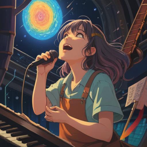 A vibrant scene depicting a person joyfully singing with a high-pitched voice, surrounded by colorful musical notes, bright sunlight filtering through trees, an expression of happiness and positivity on their face, energetic body language, a group of friends cheering and dancing nearby, uplifting atmosphere, nature setting, 4k