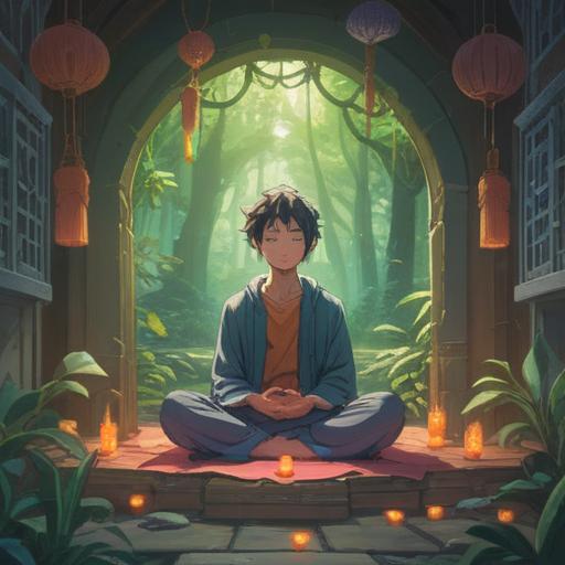 A serene and uplifting illustration, featuring a person meditating in a tranquil setting, surrounded by soft light and ethereal symbols, embodying positivity and spiritual growth, colorful nature elements like flowers and butterflies, gentle breeze creating a sense of calm, reflective and inspiring atmosphere, 4k