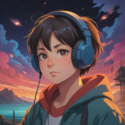 A serene scene of a person listening to music with headphones, vivid colors, peaceful expression, transformation of negative emotions into positive vibes, uplifting surroundings with nature, sunlight filtering through trees, harmonious atmosphere, 4k