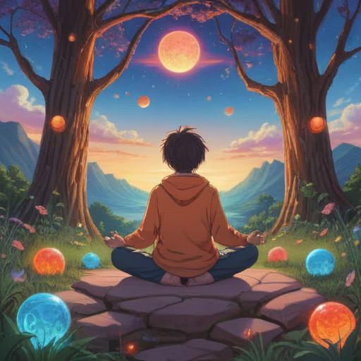 A serene landscape with a person meditating, surrounded by glowing aura, symbols of positive energy like light orbs, soft pastel colors in the background, calm and peaceful atmosphere, nature elements like trees and flowers, conveying spirituality and harmony, 4k