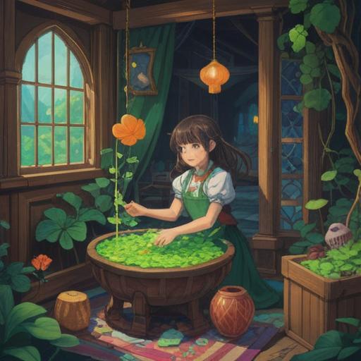 A charming illustration of a person interacting with a singer, surrounded by lucky items like a four-leaf clover, a wishing well, and musical notes, warm lighting, cozy atmosphere, expressive character interactions, detailed surroundings, vibrant colors, 4k