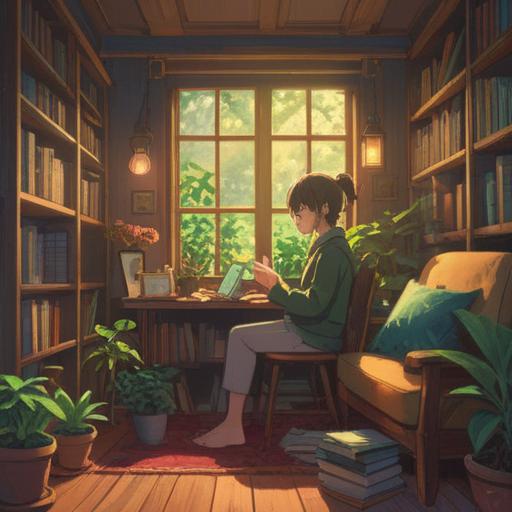 A cozy scene of a peaceful afternoon, a person sitting in a sunlit room, surrounded by books and plants, listening to a friend with a soothing voice, warmth in the air, smiling expressions, a sense of connection and joy, serene ambiance, uplifting atmosphere, beautiful sunlight filtering through the window, 4k
