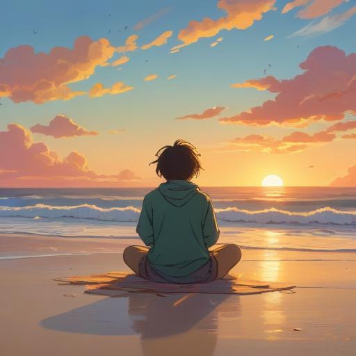 A serene meditation scene, a person sitting cross-legged on a tranquil beach at sunrise, gentle waves lapping at the shore, closed eyes and calm expression, surrounded by soft light, focusing on breathing, lush greenery in the background, inner peace and preparation for vocal expression, uplifting atmosphere, 4k