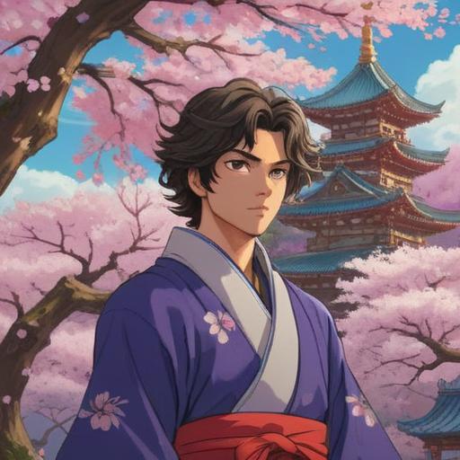 A mystical illustration of Prince Shotoku, surrounded by ancient temples and cherry blossom trees, spiritual energy radiating from his figure, serene expression conveying wisdom, traditional Japanese attire with elaborate patterns, vibrant colors emphasizing a sense of enlightenment, intricate background details with ethereal elements, peaceful atmosphere, 4k