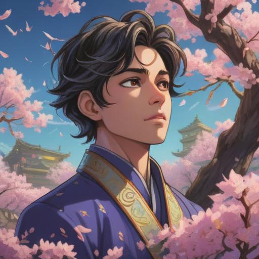 A serene illustration of Prince Shotoku surrounded by symbols of spirituality, cherry blossoms fluttering in the breeze, ethereal light illuminating his figure, ancient Japanese architecture in the background, peaceful landscape with mountains, a sense of harmony and wisdom, vibrant colors, detailed character expression, 4k