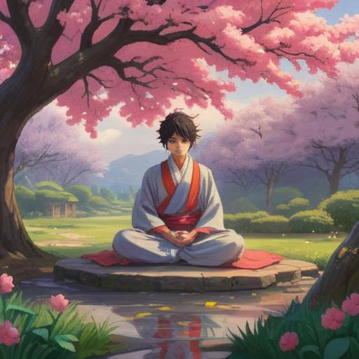 A serene scene depicting Prince Shotoku meditating in a peaceful garden, surrounded by blossoming cherry trees, symbolizing enlightenment and connection, ethereal light illuminating the surroundings, traditional Japanese architecture in the background, harmonious atmosphere, 4k